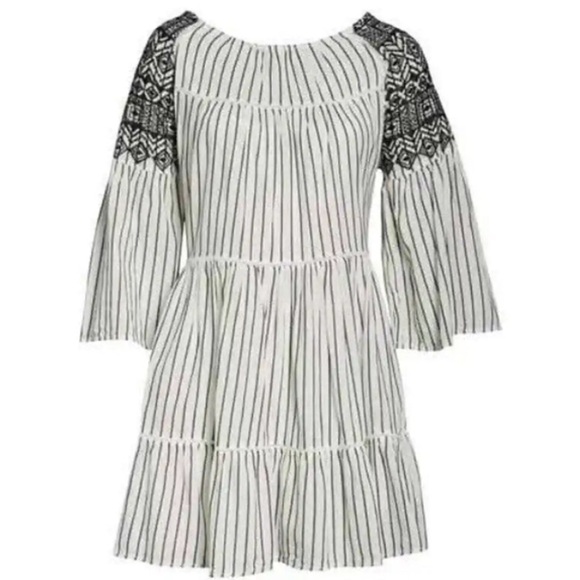Free People Mini Dress Tunic Lola Tiered Off White & Black Embroidered Dress NWT - Picture 10 of 12